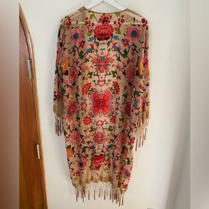 Beaded Light Gold Floral Kimono With Tassels